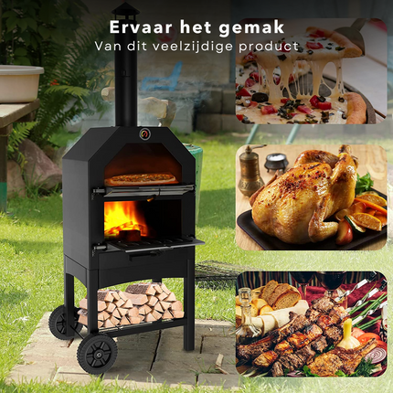 Cheqo® Pizza Oven - Pizzaoven voor Buiten - Houtskooloven - Pizzasteen - Barbecue - BBQ - Rookoven - Buitenkeuken met Wieltjes - Gepoedercoat Metaal - Houtskool-BBQ - Barbecue - 68x48x156cm - 34x24cm Grillrooster - 26kg - Met Pizzasteen Pizzaoven