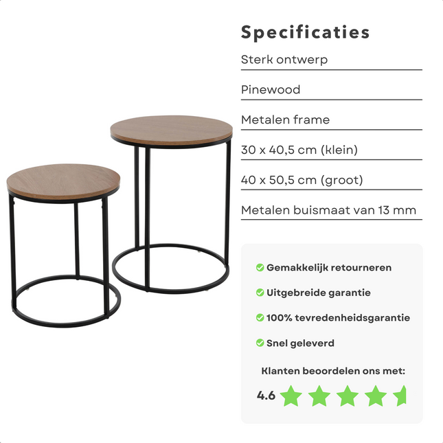 Cheqo® Ronde Salontafel Set met Metalen Frame -Pinewood - Grenen - Set van 2 - 40xH50 cm & 30xH40 cm - Bijzettafel - Tafeltje Salontafels