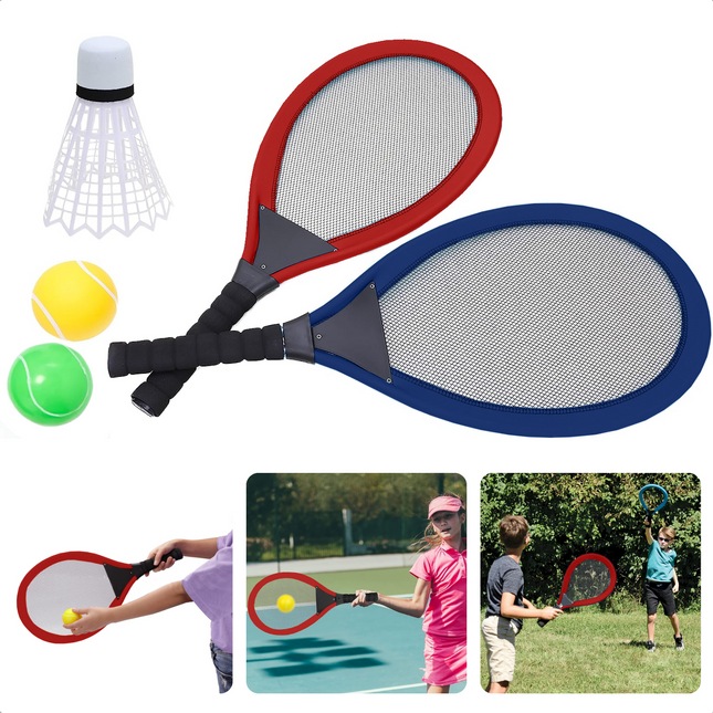 Cheqo® XL Tennisset - Tennis Set - Badminton - Beachball - 5 delig - 2 Rackets (65cm) - 2 Ballen (Ø6cm) - 1 Shuttle (21cm) - 625g Beachball