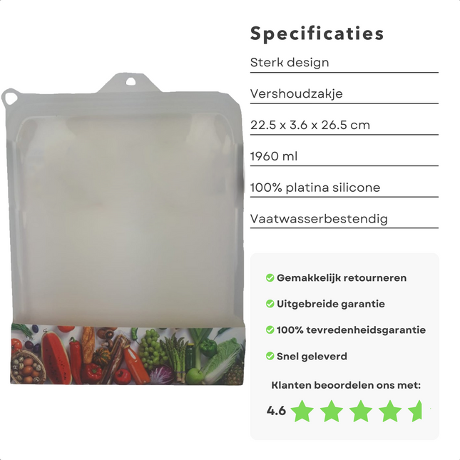 Cheqo® Siliconen Vershoudzak - Diepvrieszak - Boterhamzakje Herbruikbaar - 1960ml - 100% Platinum Siliconen - Oven, Magnetron, Vriezer - Vaatwasserbestendig - Temperatuurbestendig - BPA-Vrij - 22,5x3,6x26,5cm Boterhamzakjes