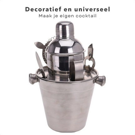 Cheqo® 6-delige Cocktail Set - Cocktail Shaker Set - RVS - Shaker, Ijsemmer, Strainer/Zeef, Opener, Mes & Ijstang - Shakerset - Cocktails Maken Cocktailset