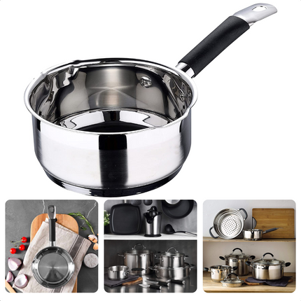 Cheqo® Steelpan - Kookpan - Ø16cm x 7,5cm - 1.3L - RVS - Dubbelzijdige Schenktuit - Siliconen Handvat - Maataanduiding - Alle Warmtebronnen Inclusief Inductie Steelpan