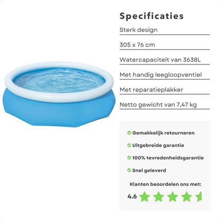 Cheqo® Fast-Pool - Opblaasbaar Zwembad - Zwembad - Opblaasbad - 305cm x 76cm - Met Tritech-zijwanden, 3-laags Heavy Duty PVC & Polyester - Eenvoudig te plaatsen, Snel & Simpel op te zetten in 10 minuten - 3.638L Waterinhoud Opblaas Zwembad