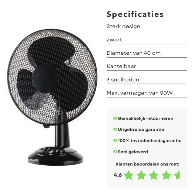 Cheqo® Ventilator - Tafelventilator 40cm - Een krachtige ventilator - 3 snelheidsinstellingen - 76° oscillatie - 26° instelbare hoek - 80m³/min luchtstroom - 45W/90W vermogen - 52dB geluidsniveau - Zwart - Fan Ventilator