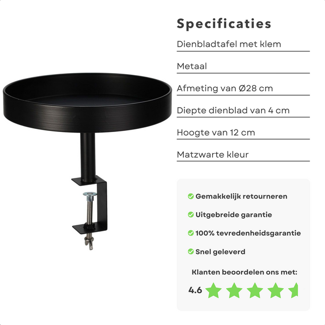 Cheqo® Dienbladtafel met Klem - Bijzettafel - Decoratief Dienblad met Klem - Balkontafel - Metaal - Ø28cm - Geschikt voor Tafels - Zwart Decoratieve dienbladen
