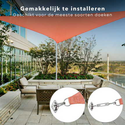 Cheqo® Bevestigingsset Zonnezeilen en Schaduwdoeken - 3 Delig - Ophangset voor Schaduwdoek - 1x Karabijnhaak - 1x Spanmoer - 1x Plaatje met Oog - Metaal Schaduwdoek bevestigingsmateriaal