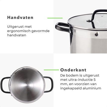 Cheqo® RVS Kookpan - Soeppan - 9L - Ø 28x16,5cm - Ultra-Inductie 5mm - 18/10 RVS - 2x Uitloop - Maatverdeling - Vaatwasmachinebestendig - Alle Warmtebronnen - Ook voor Inductie Kookpan