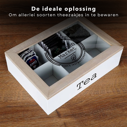Cheqo® Houten Theekist met 6 Vakken - Theedoos - Wit - 24x16,5x7cm - Beukenhout - Stevige MDF Bodem - Geschikt voor Theezakjes Theekist