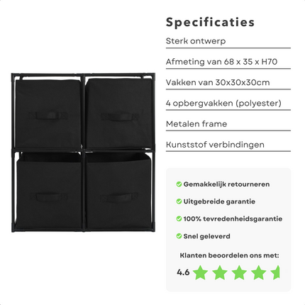 Cheqo® Opbergkast - Halkast - Ladekast met 4 Compartimenten - 68x35xH70cm - Metalen Frame - Kunststof Verbindingen - 30x30x30cm - Gemakkelijk in Elkaar te Zetten Ladekast