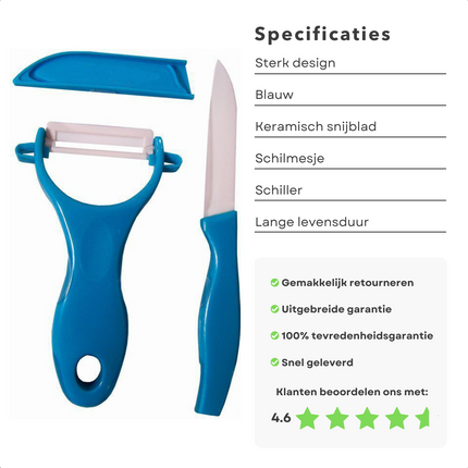 Cheqo® Keramische Schilmessen Set - Schilmes & Dunschiller - Keukenmesjes - Aardappelschiller - Blauw - Scherp Snijblad Dunschillers