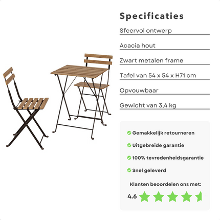 Cheqo® Bistroset 3-delig - Tuinset - Tafel Met Stoelen - Acacia Hout & Zwart Metaal Frame - 54x54cm - Opvouwbaar - Licht van Gewicht - 13.4kg Bistroset