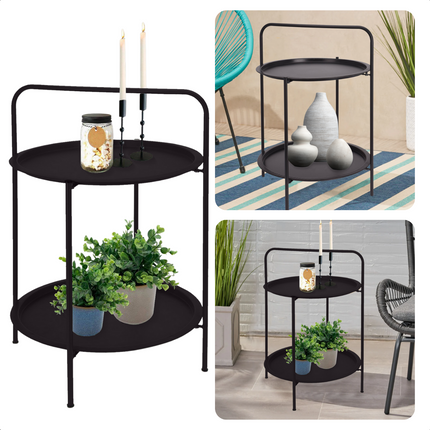 Cheqo® Bijzettafel 50 cm - Metaal (gepoedercoat) - Mat donker grijs - 66 cm Hoogte - 2 Verdiepingen - Tafeltje - Tuintafel - Bijzettafel voor Binnen en Buiten - Nachtkastje Bijzettafel