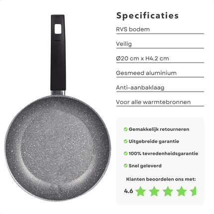 Cheqo® Koekenpan Ø20cm - 4,2cm - Eco Friendly - PFOA-vrij - Geen Lood - Geen Cadmium - Gas, Inductie, Elektrisch, Keramisch, Halogeen - Grijs - Made in Italy - Geschikt voor Inductie Koekenpan