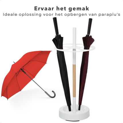 Cheqo® Paraplubak met Ruimte voor 5 Paraplu's - Parapluhouder - Houder voor Paraplu - Ø 32,5 cm - Hoogte 75 cm - Metalen Standaard met Houten Afwerking - Regenwater Opvangplaat - Makkelijk In Elkaar te Zetten Paraplubakken