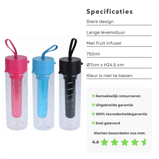 Cheqo® Waterfles met Fruit Infuser - Fruit Filter Drinkfles - 24.5cm Hoogte - Sportfles - Zwart/Blauw/Rose - Per Stuk - 750ml Waterflessen