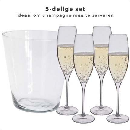 Cheqo® 5-delige Champagneset - 4 Champagneglazen (18cl) & Champagnekoeler (ø20xh21,5cm) - Champagneglas Set - Wijnkoeler - IJsemmer Champagneglazen