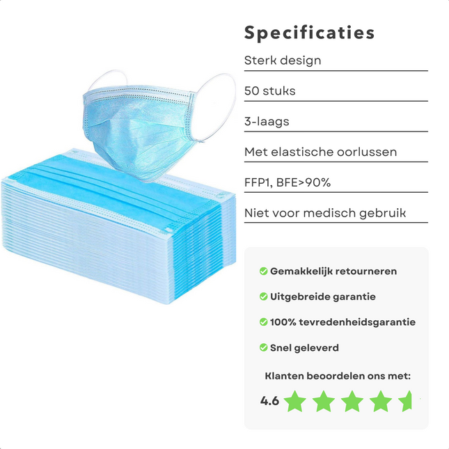 Cheqo® 3-Laags Mondkapjes - 50 stuks - Niet Medisch - Voor Eenmalig Gebruik - Met Elastische Oorlusjes - FFP1, BFE>90% Mondkapjes