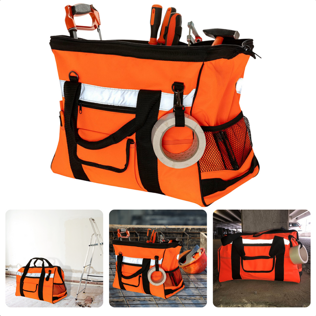 Cheqo® Gereedschapstas - Solide Neon-Oranje 600D Polyester - Reflectiestreep - 20kg Max. Draagcapaciteit - 45x29x32cm - Tapehouder - Schouderriem - 4 Noppen - 27 Opbergopties Gereedschapstas