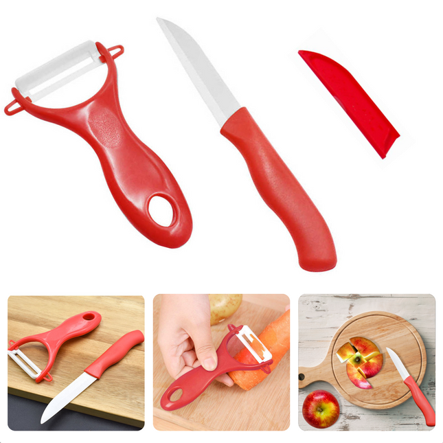 Cheqo® - Keramische Schilmessen Set - 17cm - Dunschiller - Rood - Keramisch Mes - 2-delige Set - Ergonomische Handgreep - RVS - Vaatwasserbestendig - Inclusief Beschermhoesje - Veilig - Schilmes - Roestbestendig - Aardappelschiller Schilmes