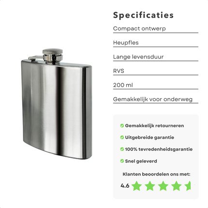 Cheqo® RVS Heupfles 200ml - Drankflacon met Schroefdop - Gemakkelijk voor onderweg - Reisbeker - Drinkfles - 200ml Inhoud - RVS Materiaal Heupfles