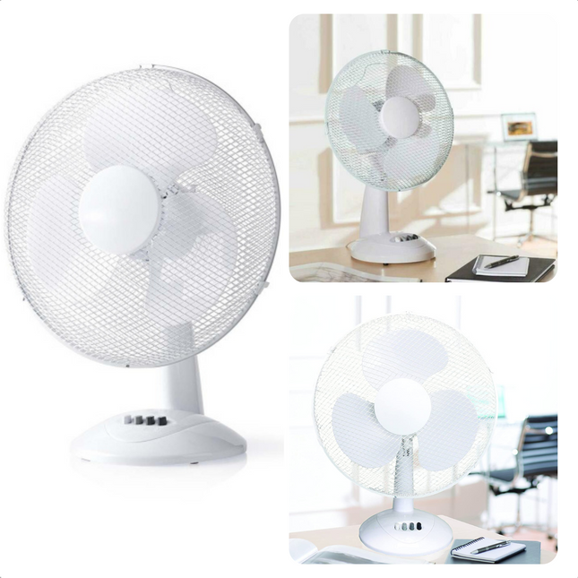 Cheqo® Tafelventilator - Ventilator - Ø30cm - 3 Standen - 45 Watt - Hoogte 45cm - Kleur Wit - PVC Basis - Metalen Raster Ventilator