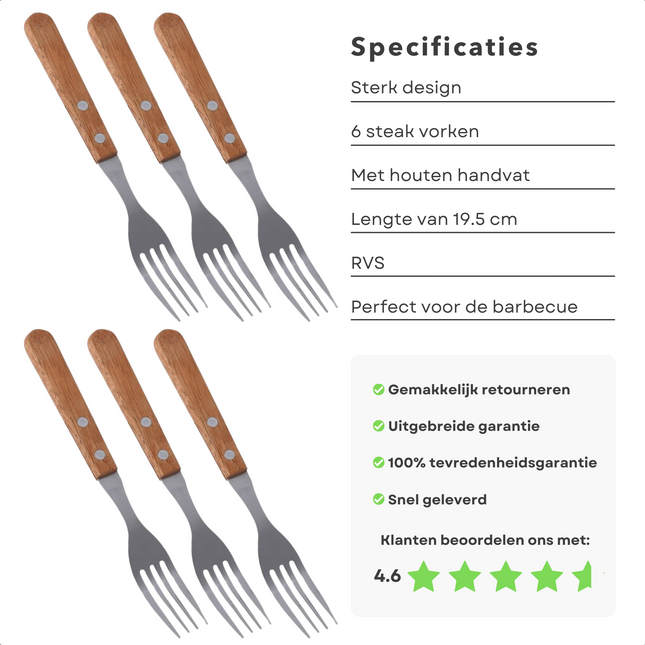 Cheqo® 6-delige Steakvorken Set - 19,5 cm - Roestvrij Staal & Houten Handvat - Perfect voor BBQ - Steak Vorken Vorken