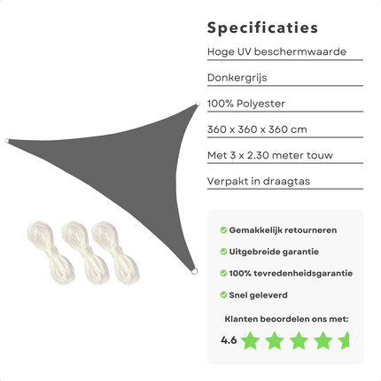 Cheqo® Schaduwdoek Driehoek - Donkergrijs - Waterafstotend Polyester 100% - Compleet met Touw - Verpakt in Afsluitbare Draagzak - 360x360x360cm Schaduwdoek
