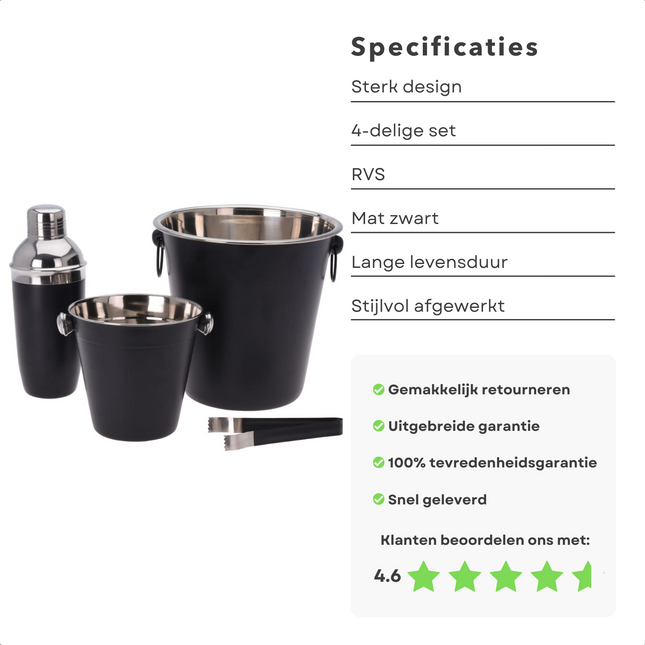 Cheqo® 4-delige Barset - Cocktailset - Cocktail Set met IJsemmer - Wijnkoeler - Flessenkoeler - Cocktail Shaker - IJstang - RVS - Mat Zwart - 15cmx15cmx25cm Cocktailset