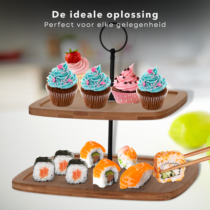 Cheqo® Bamboe Etagere - Serveerplank - Serveertoren - 2-laags - 25x25cm - Rechthoekig - H23.5cm - Multifunctioneel Opbergsysteem Etagere