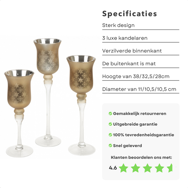 Cheqo® Luxe Set van 3 Kandelaren Set - Kandelaar Set - Kandelaars - Kaarshouders - Kaarsenstandaard - 38/32,5/28cm Hoog - 11/10,5/10,5cm Diameter - Mat & Verzilverd - Bijzonder Fraai - Brons Kandelaars