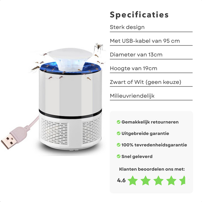 Cheqo® Elektrische Insectenbestrijder - Insectenlamp - Insectenvanger - Repellent - Vliegenverjager - Muggenlamp - Muggenvanger - 19x13cm - LED-lamp - 95cm USB-kabel - Zwart/Wit Insectenlampen