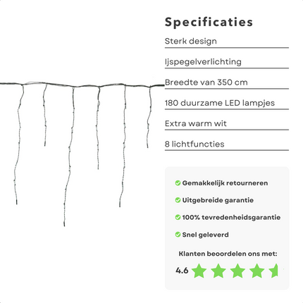 Cheqo® IJspegel Lichtgordijn - Ijspegelverlichting - Lichtgordijn - Gordijnverlichting - Kerstverlichting - 3.5m - 180 LED's - Extra Warm Wit - Soft Wire - 8 Lichtfuncties - IP44 - Binnen/Buiten - 6W - Zuinig in Verbruik  Kerstsfeer Lichtgordijn