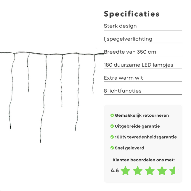 Cheqo® IJspegel Lichtgordijn - Ijspegelverlichting - Lichtgordijn - Gordijnverlichting - Kerstverlichting - 3.5m - 180 LED's - Extra Warm Wit - Soft Wire - 8 Lichtfuncties - IP44 - Binnen/Buiten - 6W - Zuinig in Verbruik  Kerstsfeer Lichtgordijn