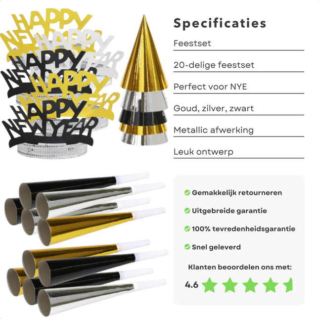 Cheqo® Partyset Happy New Year - 20 delig - 5 Tiaras, 5 Feesthoedjes, 10 Toeters - Goud, Zwart, Zilver - Feestaccessoires - Gelukkig Nieuwjaar - Feest - Decoratie feestpakketten