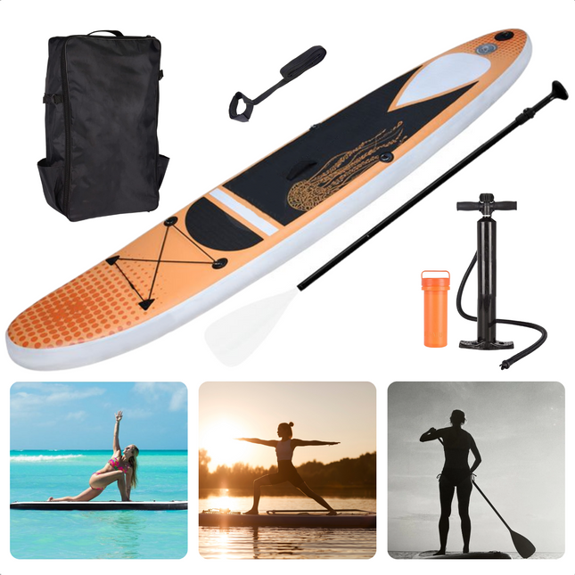 Cheqo® Complete SUP-Set - Opblaasbaar SUP Board - Stand Up Paddle Board - 305x71x15cm - 150kg - Ideaal voor Beginnende & Gevorderde Peddelsurfers - EVA Anti-Slip - Verstelbare Peddel - Met Rugtas - Handpomp - Leash - Reparatiekit SUP Board