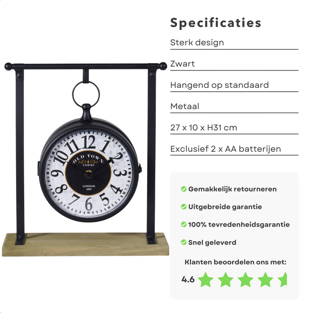 Cheqo® Staande Klok - Metaal - 27x10xh31cm - Hangend Model op Houten Standaard - Zwart - Op batterijen - Antique Pendulum Staande Klok