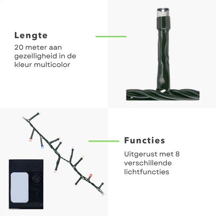 Cheqo® Micro Cluster - Kerstverlichting - Kerstboomverlichting voor Binnen en Buiten - 1000 LED's - 20m - Multicolor - 8 Functies - 270cm Boom - 2cm Ruimte - 3m Aansluitsnoer - IP44 Clusterverlichting