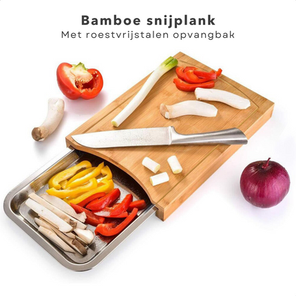 Cheqo® Bamboe Snijplank met Opvangbak - RVS Opvangschaal - Groente Snijden - 33x24x4cm Snijplank