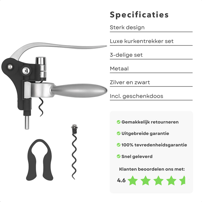 Cheqo® Luxe Kurkentrekkerset - Kurkentrekker - Hefboommechanisme - Flesopener - Capsulesnijder - Spiraal - Geschenkdoos - Met Snijder en Opener Kurkentrekkers