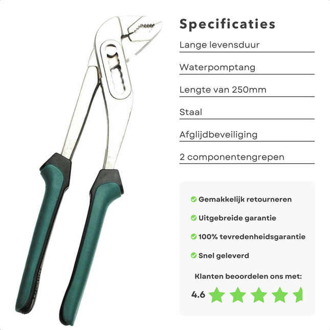 Cheqo® Waterpomptang 250mm - Griptang - Tang - Hoogwaardig Staal C60 - 2-Componenten Grepen - Afglijdbeveiliging - 450g Waterpomptang