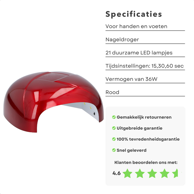 Cheqo® UV LED Nageldroger met 21 LED Lampjes - Nagellamp - 15/30/60s Timer - Automatische Bewegingssensor - 36W - Voor Handen & Voeten - Gellak - Rood Nageldroger