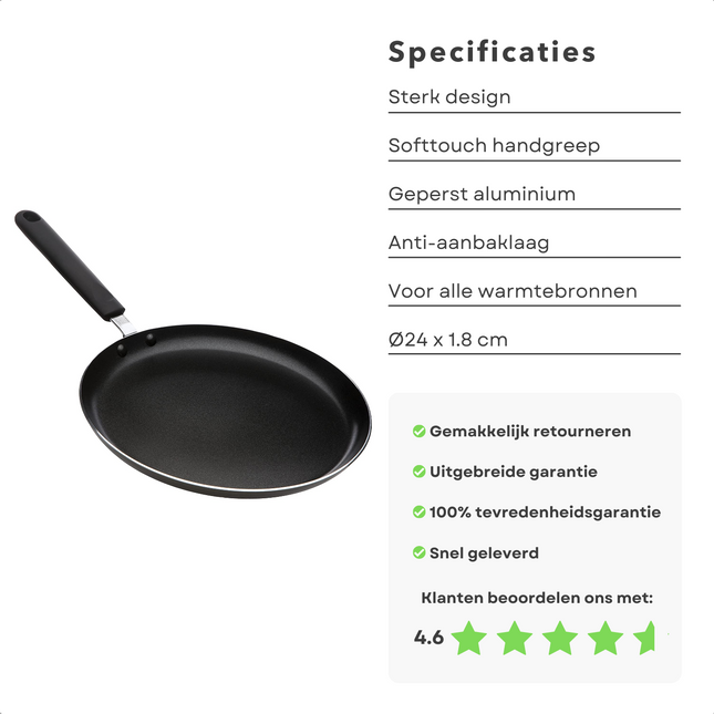 Cheqo® Pannenkoekenpan - Koekenpan - Pannenkoeken Pan - 24 cm - Geperst Aluminium - Anti-Aanbaklaag - Ook voor Inductie Koekenpan