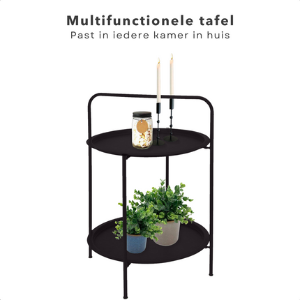 Cheqo® Bijzettafel 50 cm - Metaal (gepoedercoat) - Mat donker grijs - 66 cm Hoogte - 2 Verdiepingen - Tafeltje - Tuintafel - Bijzettafel voor Binnen en Buiten - Nachtkastje Bijzettafel