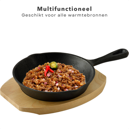 Cheqo® Gietijzeren Koekenpan met Serveerplank - 970g - Koekenpan Gietijzer - Gas, Elektrisch, Keramisch, Halogeen, Oven - Veelzijdig en Vaatwasserbestendig Koekenpan