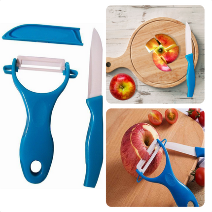 Cheqo® Keramische Schilmessen Set - Schilmes & Dunschiller - Keukenmesjes - Aardappelschiller - Blauw - Scherp Snijblad Dunschillers