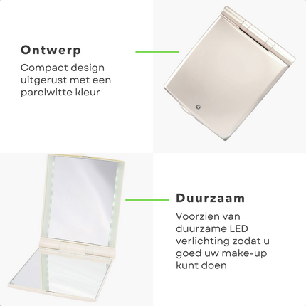 Cheqo® Make-Up Spiegel met LED Verlichting - Verlichte Spiegel met LED-backlight - 3x Vergroting - 15x13.5cm - Parelwit - Op Batterijen Make-up spiegels