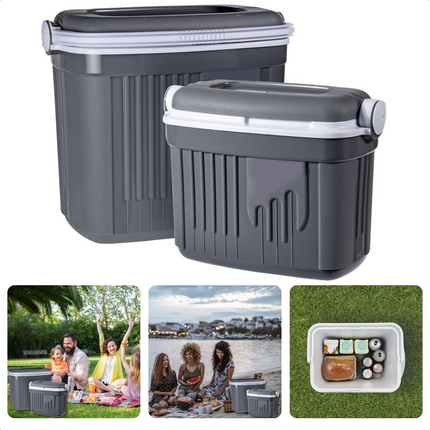 Cheqo® Koelbox Set - 2 stuks - 8L & 32L - Kunststof - 9 & 12 uur Koel - Coolbox - Koel Box - Vergrendelbaar - Grijs Koelbox