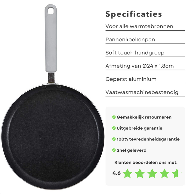 Cheqo® Pannenkoekenpan voor Inductie - ø24cm - Koekenpan - Alle Warmtebronnen - Geperst Aluminium - Anti-Aanbaklaag - Softtouch Handgreep - Ophangoog Koekenpan