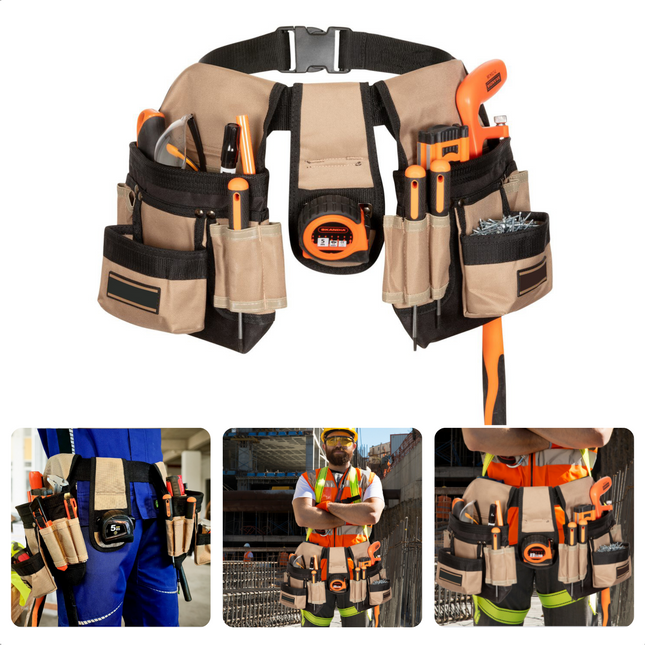 Cheqo® Gereedschapgordel - 2 Tassen - Hoogwaardig Polyester - Veel Opbergmogelijkheden - Verstelbare Band - 110cm x 25cm Gereedschapsgordels