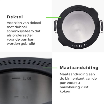 Cheqo® Kookpan met Siliconen Deksel - Ø 16 x H 7,5 cm - 1,5 liter - Dubbel afgietsysteem - Voor Alle Warmtebronnen - Inductie - Stay Cool Handvatten - Gelijkmatige Warmteverdeling - RVS - Lange Levensduur - Vaatwasserbestendig Kookpannen